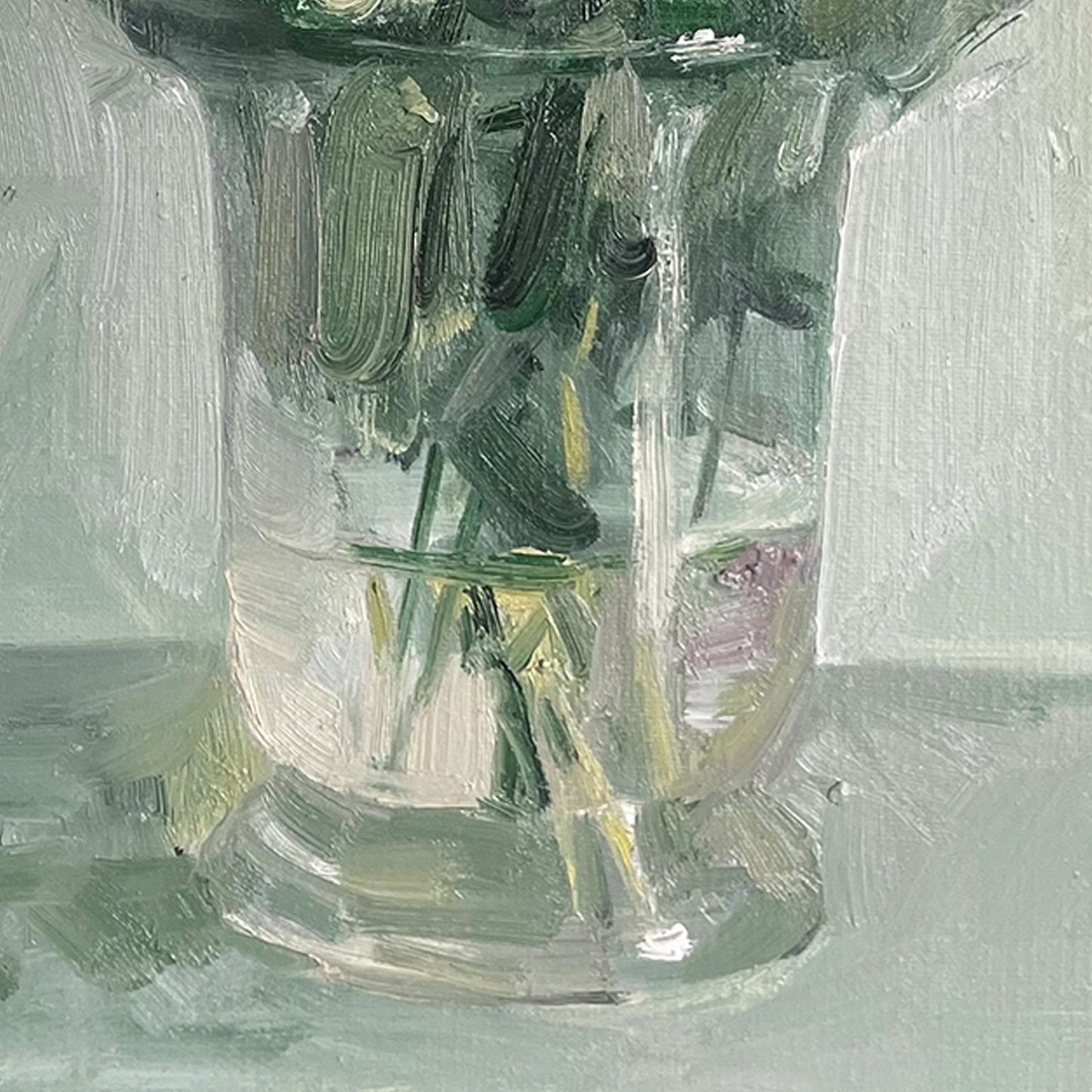 Close-up of the transparent glass vase in an original floral oil painting, highlighting soft reflections and painterly texture.
