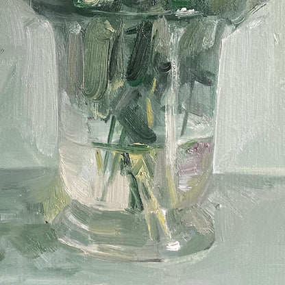 Close-up of the transparent glass vase in an original floral oil painting, highlighting soft reflections and painterly texture.