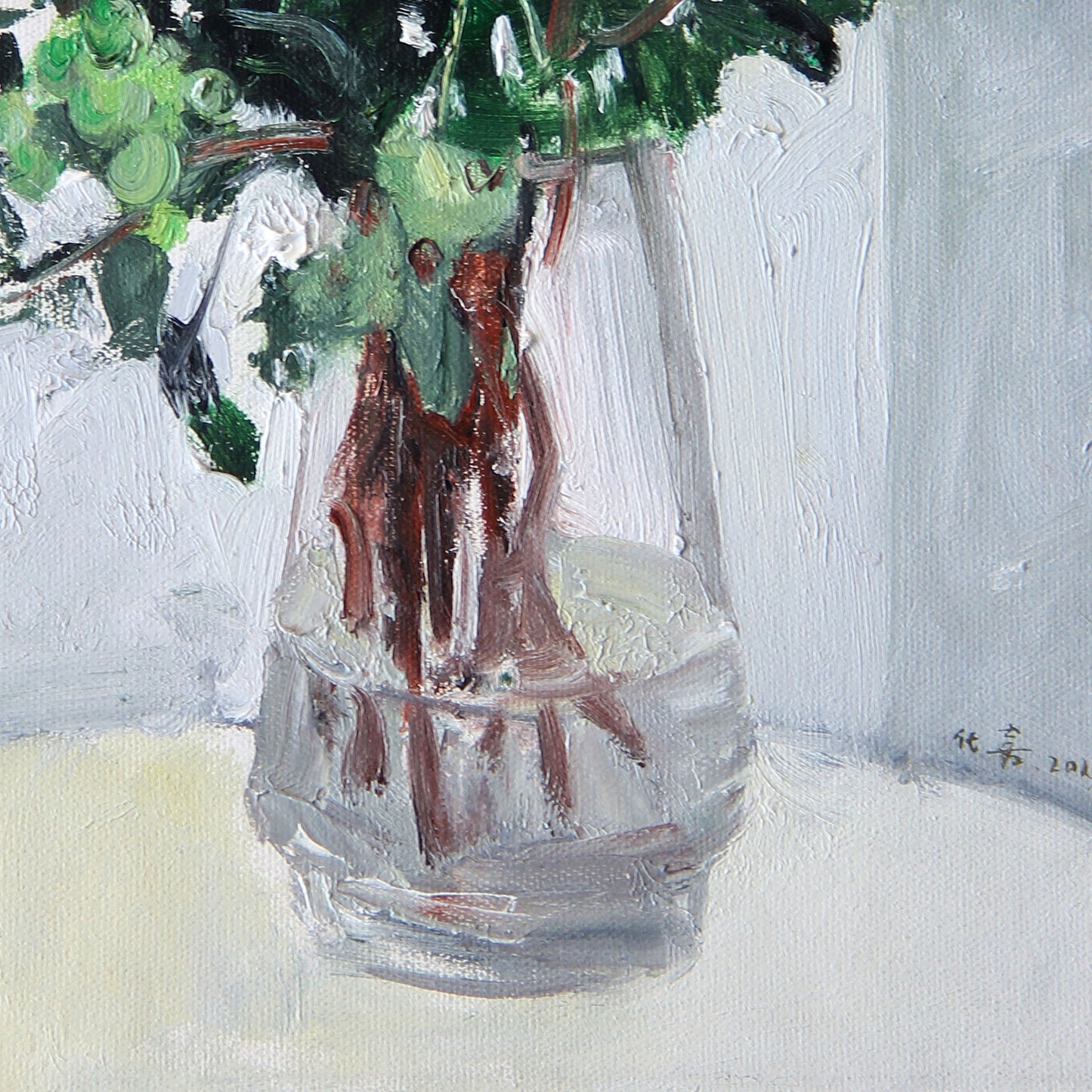 Close-up of the transparent glass vase in an original still life oil painting, emphasizing reflections, layered paint texture, and soft tonal transitions.