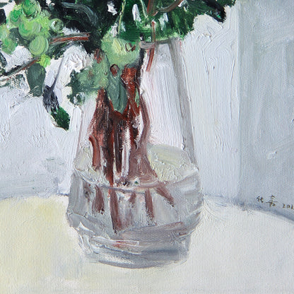 Close-up of the transparent glass vase in an original still life oil painting, emphasizing reflections, layered paint texture, and soft tonal transitions.