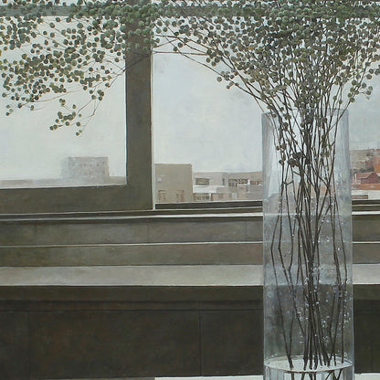 Detailed view of the transparent glass vase holding Baby’s Breath flowers, emphasizing reflections, transparency, and minimalist composition.