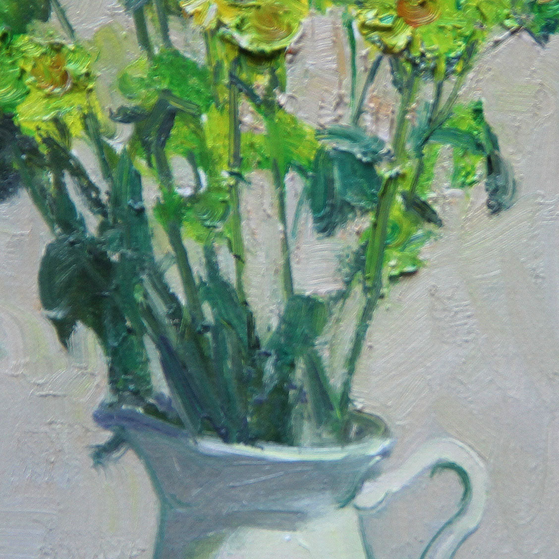 Original oil painting of fresh green wildflowers presented in a quiet interior scene. The artwork adds softness, color, and a collected feeling to contemporary home spaces.