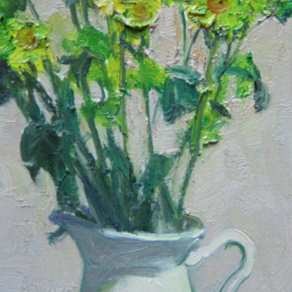 Original oil painting of fresh green wildflowers presented in a quiet interior scene. The artwork adds softness, color, and a collected feeling to contemporary home spaces.