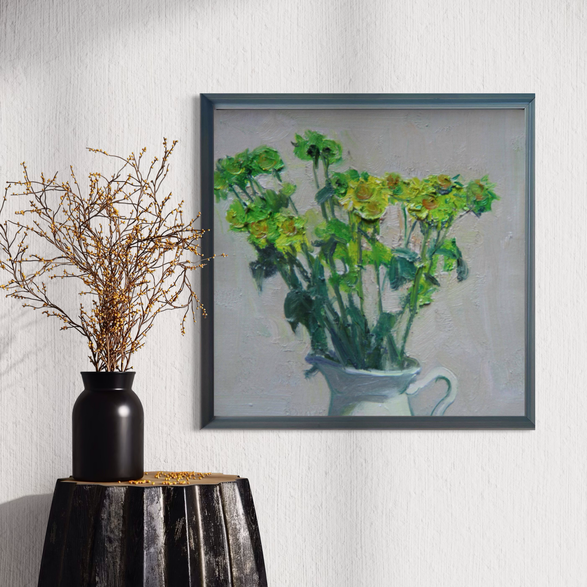 Original oil painting of fresh green wildflowers presented in a quiet interior scene. The artwork adds softness, color, and a collected feeling to contemporary home spaces.