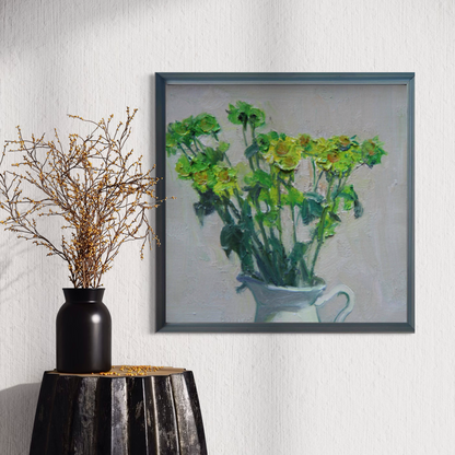 Original oil painting of fresh green wildflowers presented in a quiet interior scene. The artwork adds softness, color, and a collected feeling to contemporary home spaces.