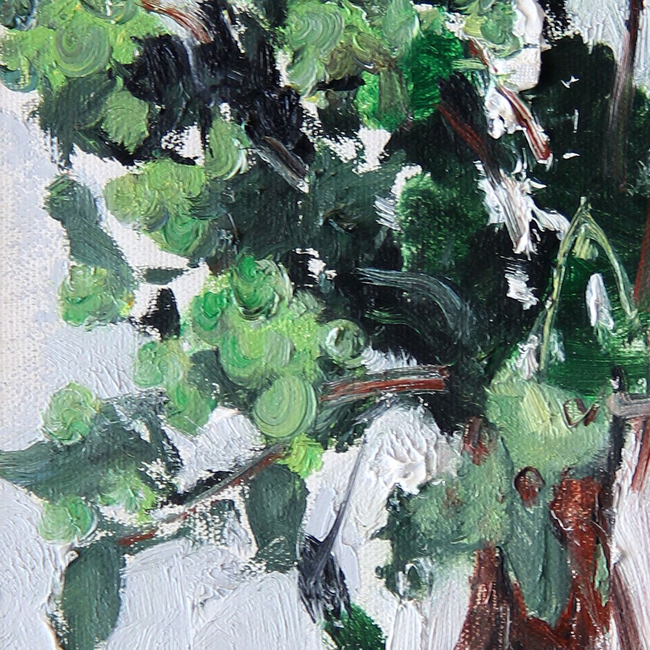 Close-up detail of an original greenery oil painting showing layered green brushstrokes, textured foliage, and expressive painterly movement.