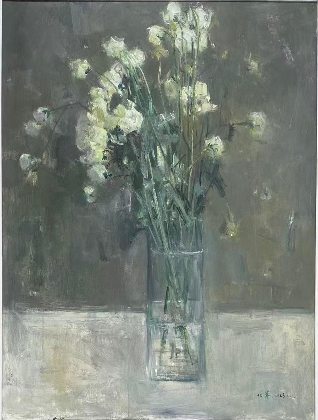 Close-up view of green lisianthus flowers in a glass vase, highlighting delicate brushwork, subtle light effects, and soft tonal transitions.