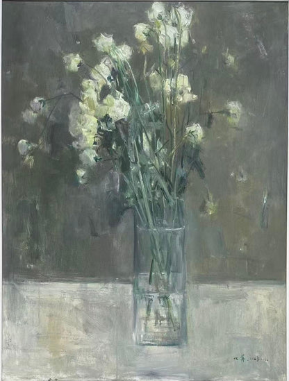 Close-up view of green lisianthus flowers in a glass vase, highlighting delicate brushwork, subtle light effects, and soft tonal transitions.