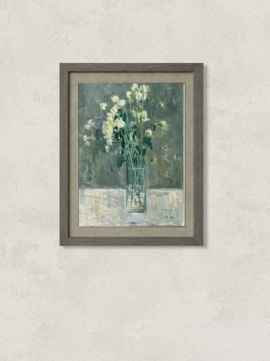 Original oil painting featuring green lisianthus arranged in a clear glass vase. Painted by Hua Xi Yang with soft atmospheric tones, layered brushwork, and a quiet contemporary still life aesthetic.