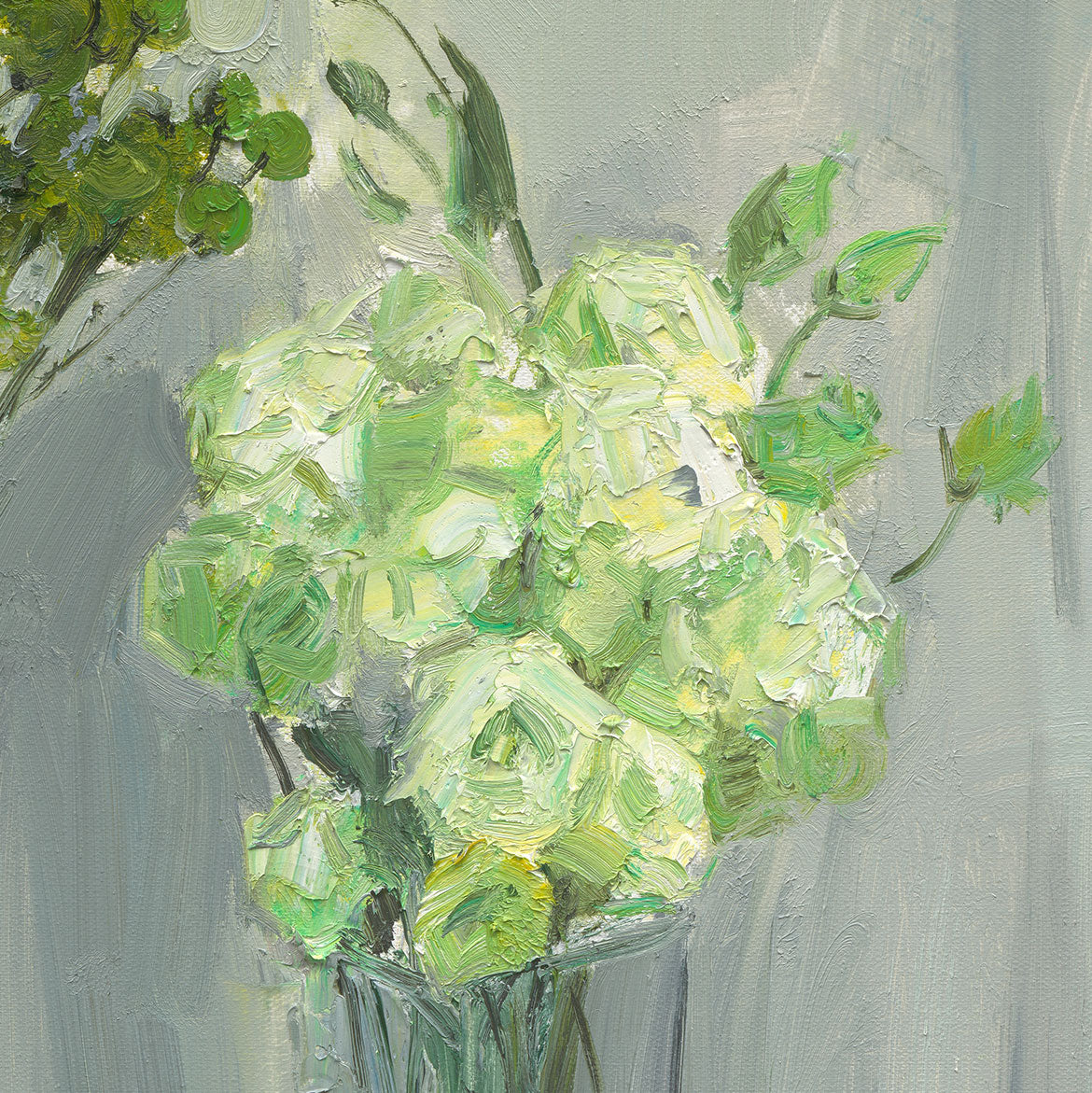 Close-up detail of green roses arranged in a glass vase, highlighting layered petals, fresh greenery, and expressive brushwork.