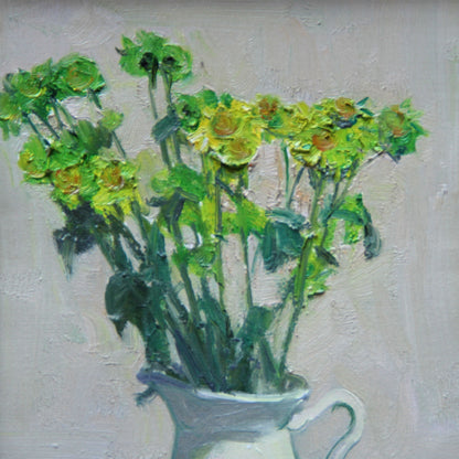 Original oil painting of green wildflowers arranged in a simple white pitcher. Loose expressive brushwork and layered green tones create a fresh, quiet atmosphere with a soft contemporary feeling.