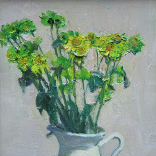 Original oil painting of green wildflowers arranged in a simple white pitcher. Loose expressive brushwork and layered green tones create a fresh, quiet atmosphere with a soft contemporary feeling.