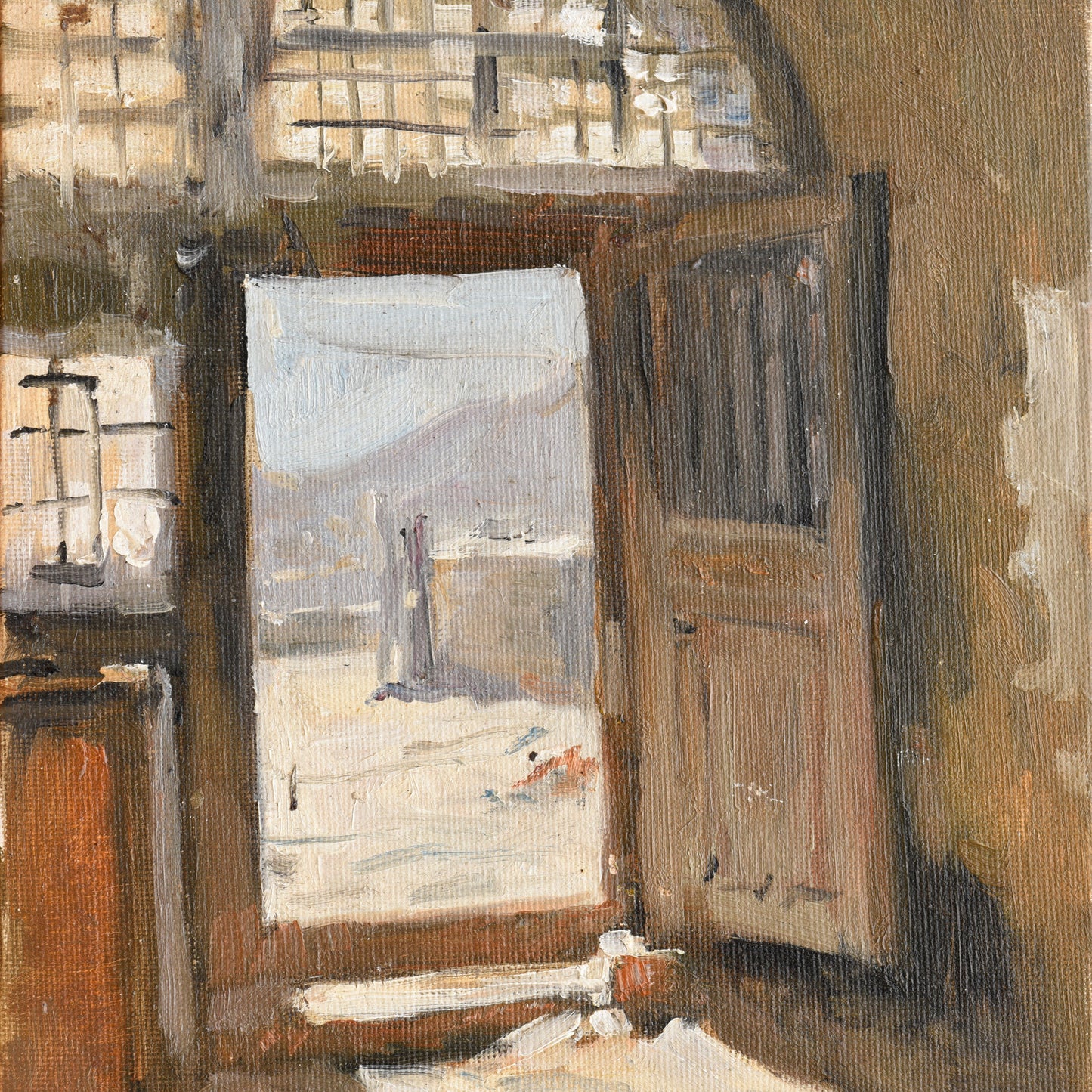 Original Oil Painting of a Sunlit Doorway – Interior Landscape Wall Art