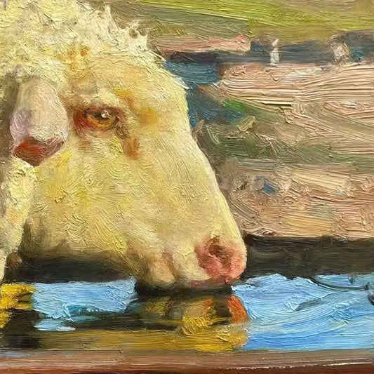 Original Oil Painting of Sheep Drinking Water – Pastoral Animal Wall Art