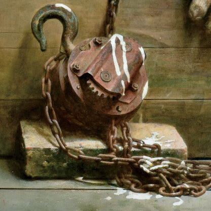 Original Still Life Oil Painting of Gloves and Chain – Industrial Wall Art