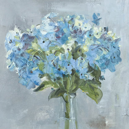 Original Blue Hydrangea Still Life Oil Painting – Floral Vase Wall Art