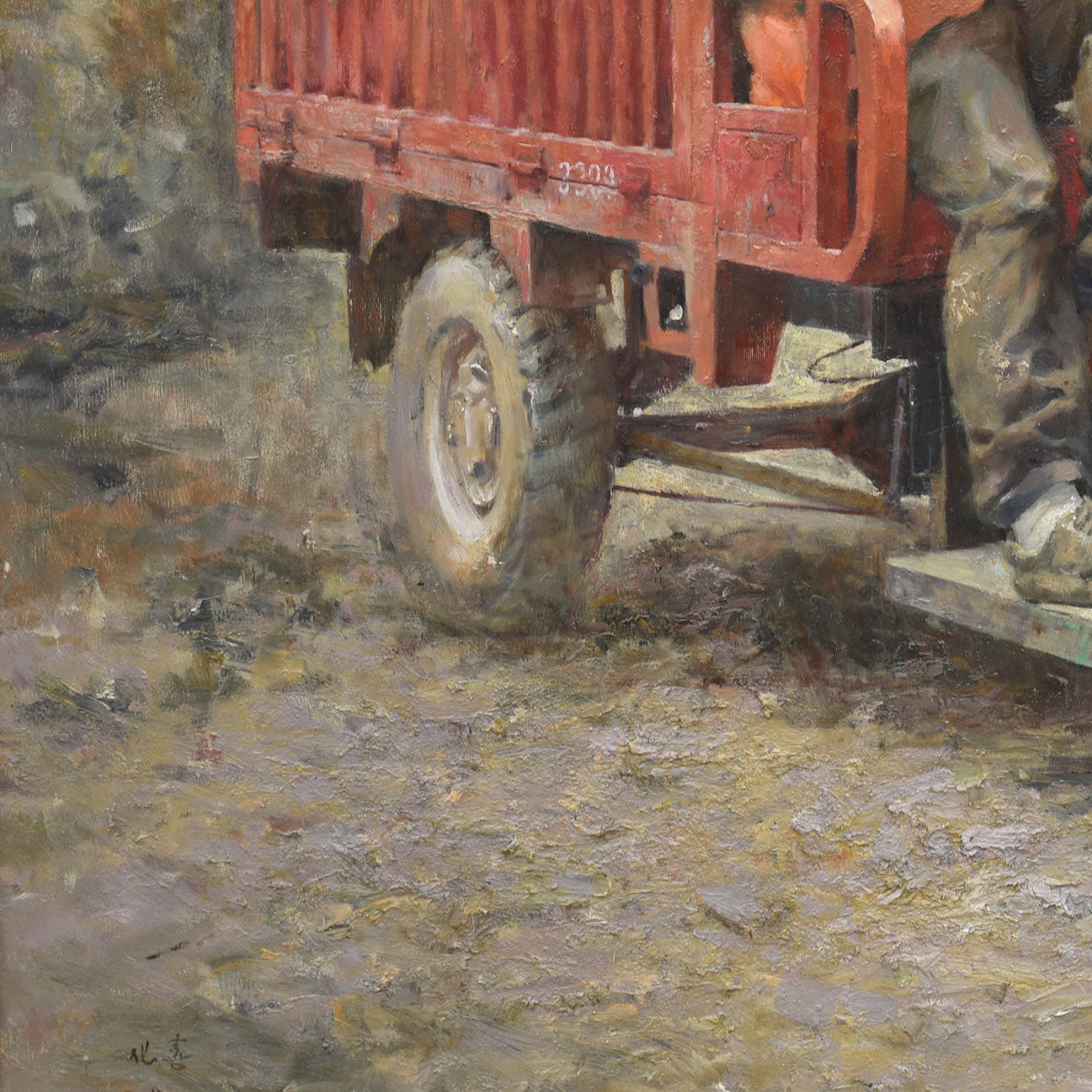 Original Figurative Oil Painting – Workers and Motorcycle Scene Wall Art