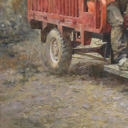 Original Figurative Oil Painting – Workers and Motorcycle Scene Wall Art