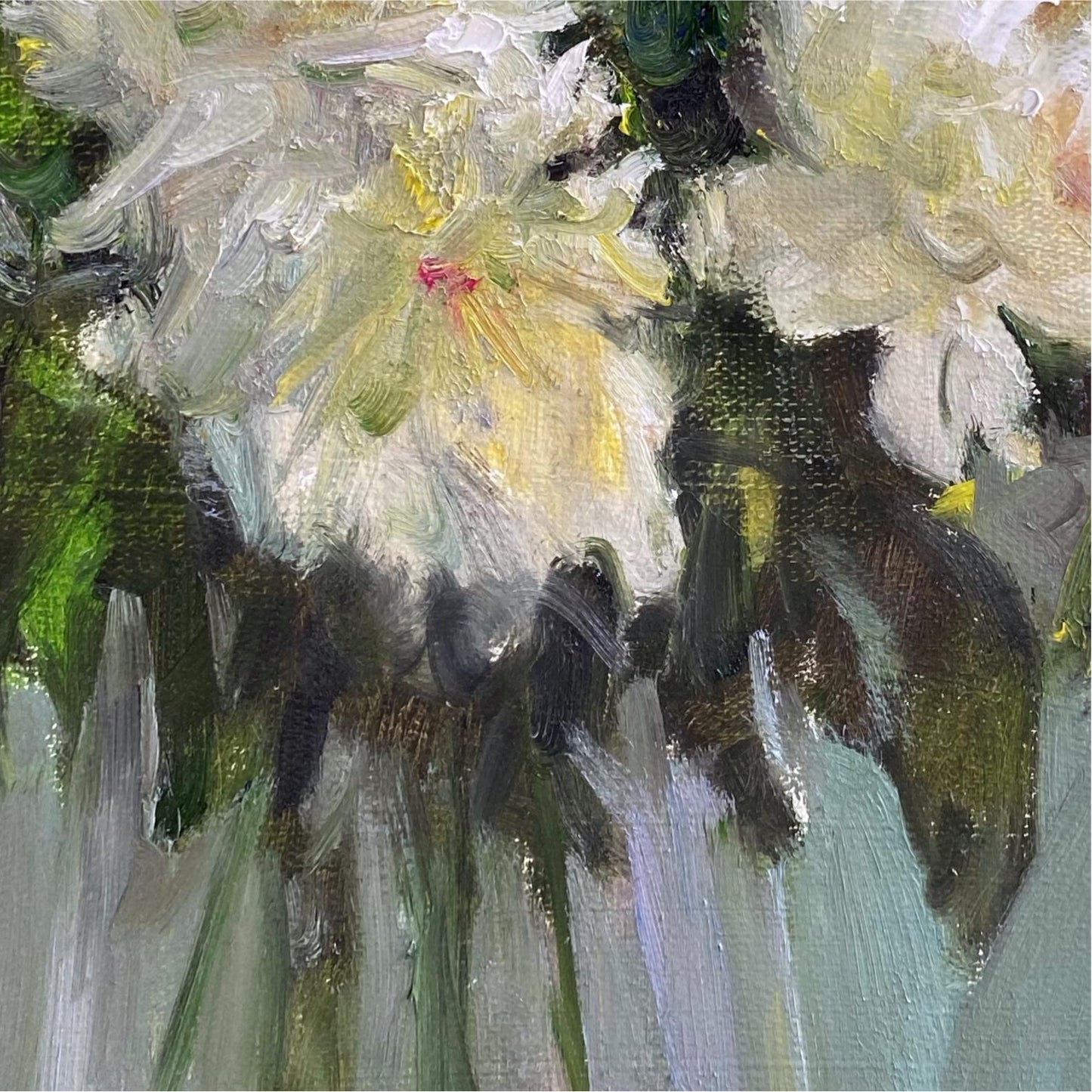 Detailed view of an original floral oil painting highlighting thick impasto brushwork and luminous white flower petals.