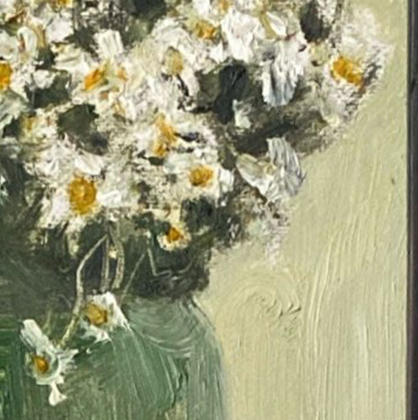 Detailed section of a floral oil painting highlighting painterly white flowers, textured brushstrokes, and subtle tonal transitions.