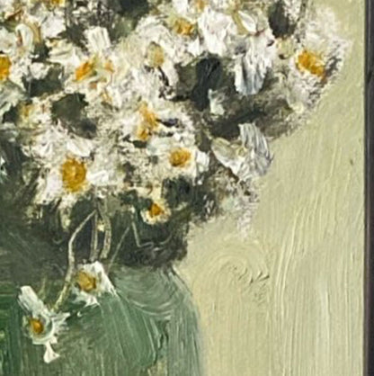 Detailed section of a floral oil painting highlighting painterly white flowers, textured brushstrokes, and subtle tonal transitions.