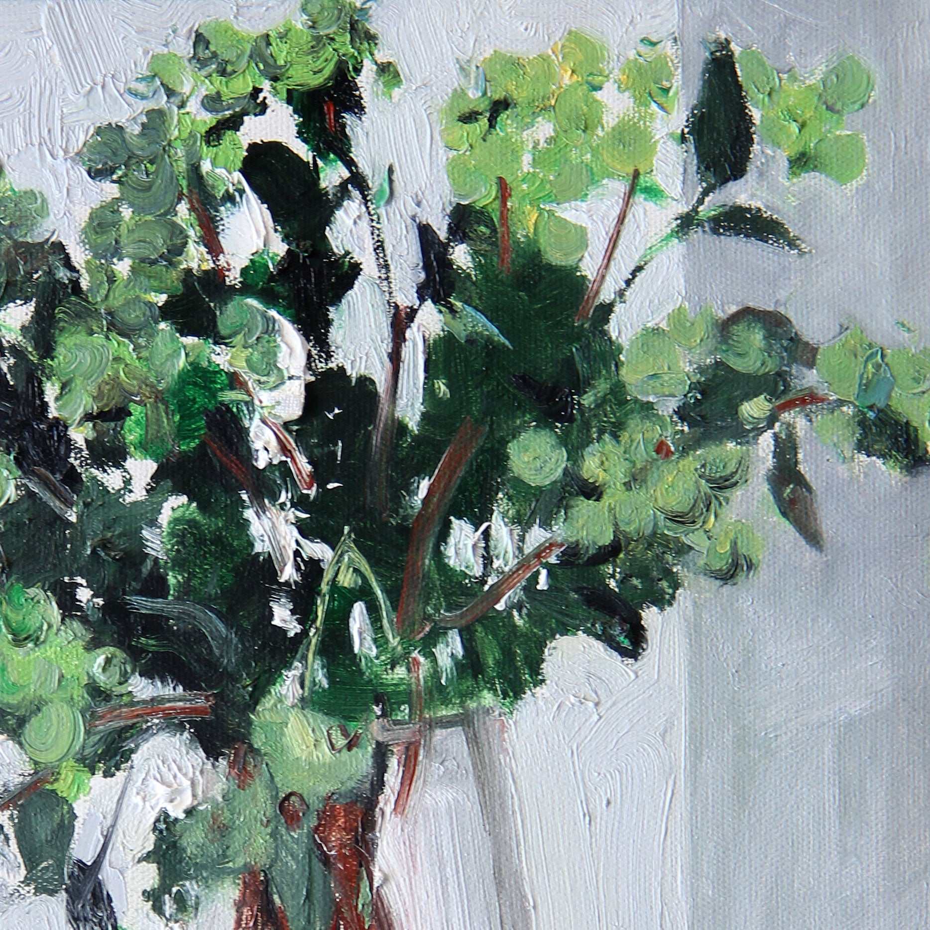 Detailed section of a still life oil painting highlighting rich impasto texture, deep greens, and soft natural light.
