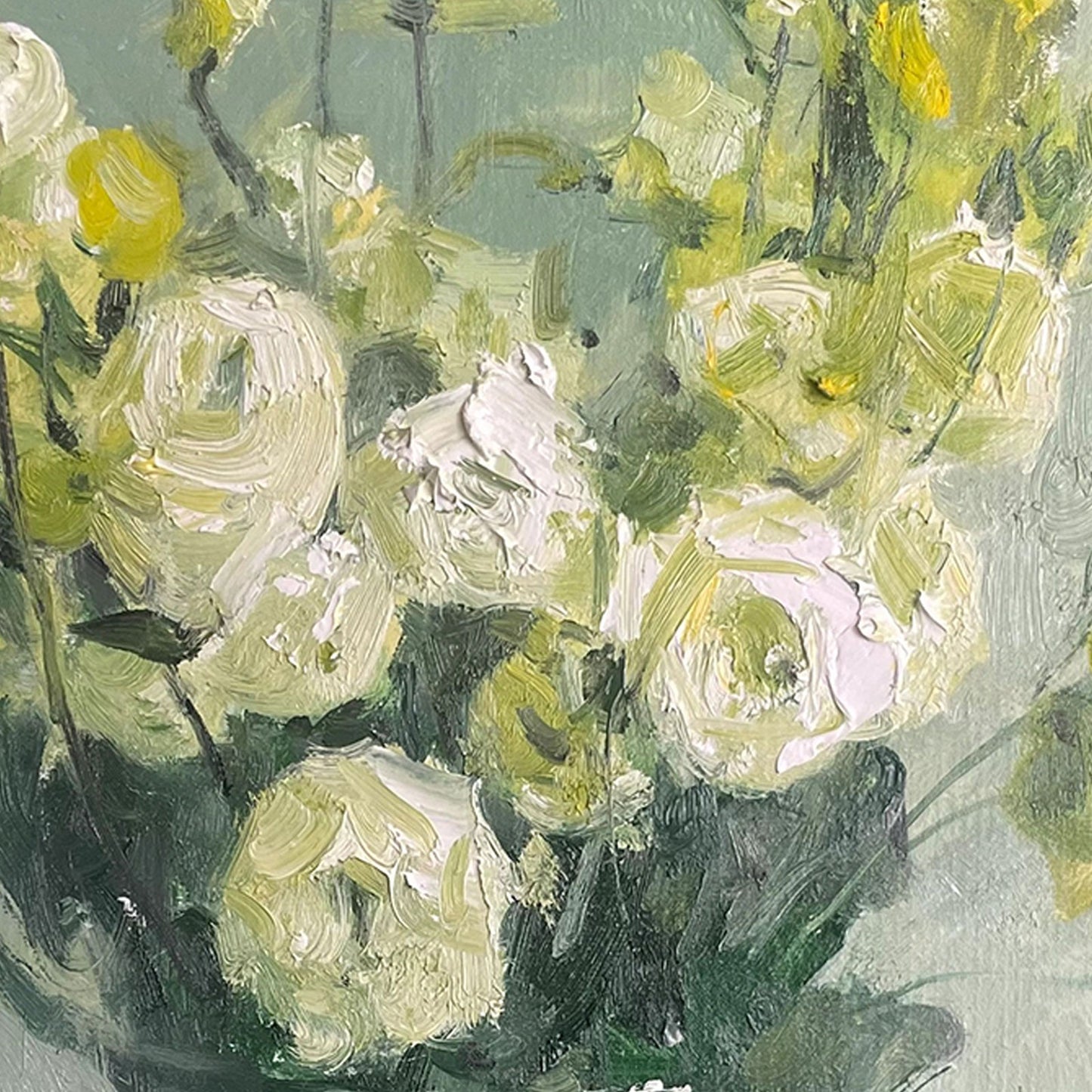 Close-up detail of white and pale green flowers showing expressive impasto brushwork and layered oil paint texture.