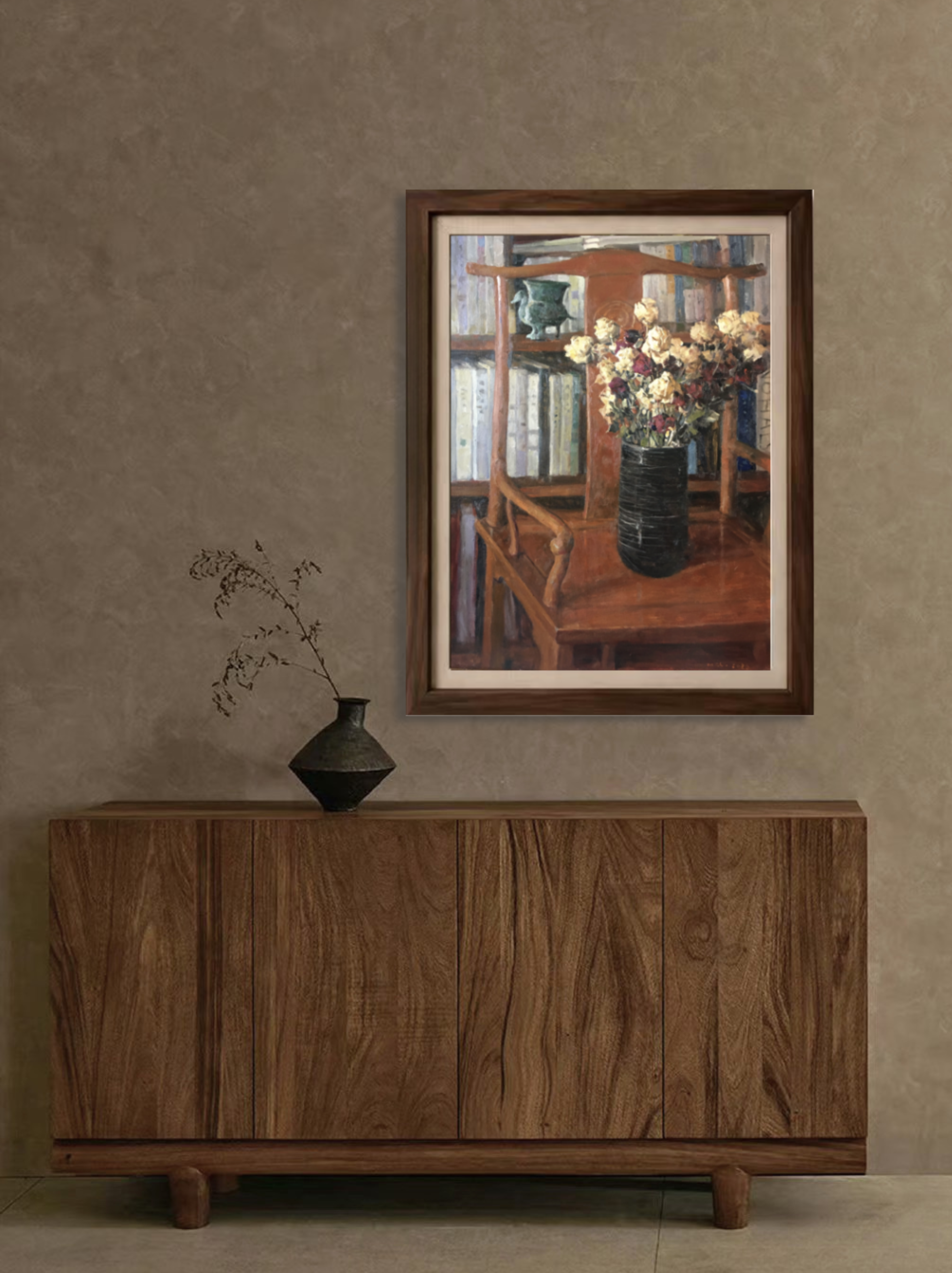 Original oil painting featuring dried roses, a black vase, and bookshelf elements displayed in a calm interior, adding depth, warmth, and quiet visual presence.