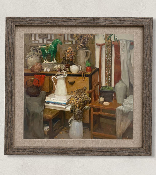Original oil painting depicting a richly layered interior still life with decorative objects, books, ceramics, and furniture. Painted by Hua Xi Yang with refined brushwork and a warm atmospheric palette.