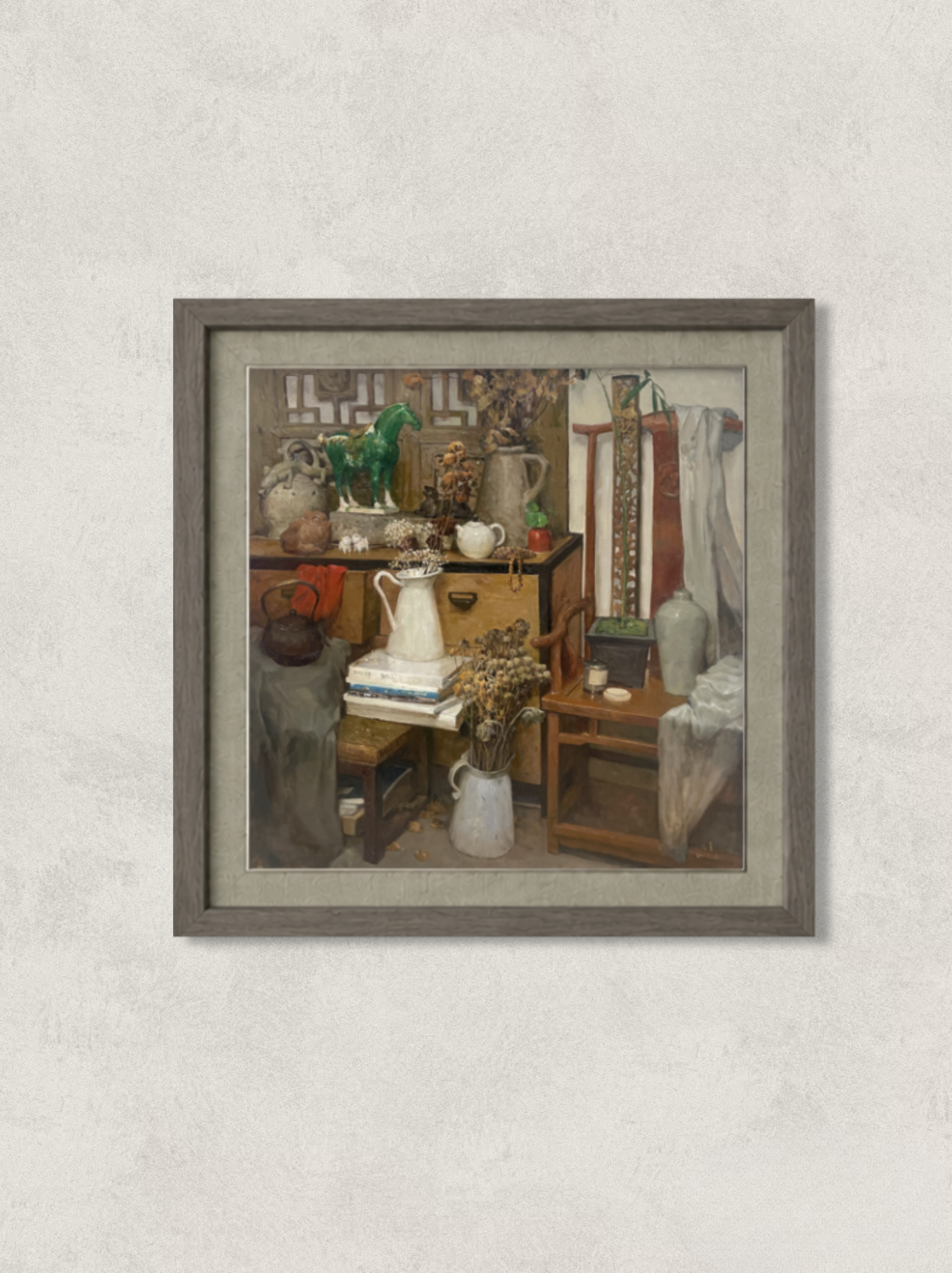 Original oil painting depicting a richly layered interior still life with decorative objects, books, ceramics, and furniture. Painted by Hua Xi Yang with refined brushwork and a warm atmospheric palette.