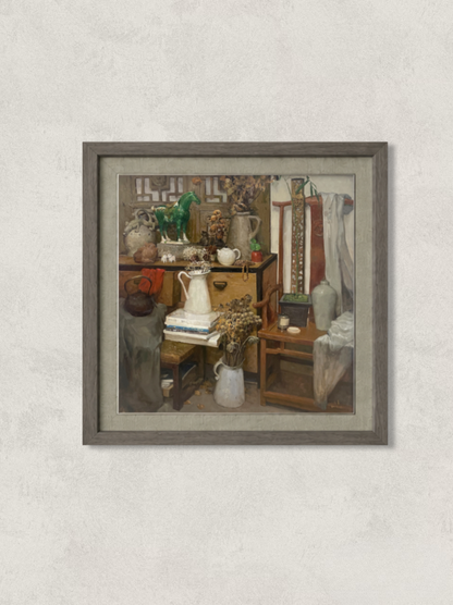 Original oil painting depicting a richly layered interior still life with decorative objects, books, ceramics, and furniture. Painted by Hua Xi Yang with refined brushwork and a warm atmospheric palette.
