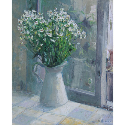 Close-up view of the white flowers, ceramic pitcher, and glass vessel, emphasizing layered composition, light effects, and tranquil interior atmosphere.
