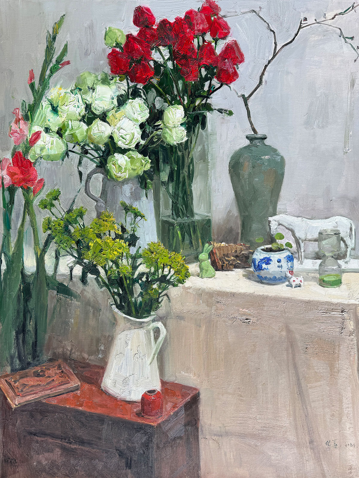 Close-up view of flowers, glass vase, and surrounding objects, revealing depth, color contrast, and the quiet narrative of the interior space.