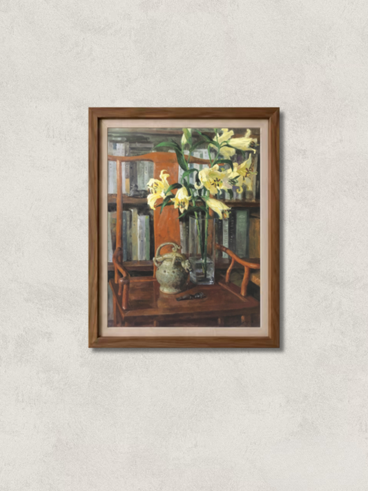 Original oil painting featuring lilies in a glass vase, books, a ceramic vessel, and a wooden chair in a warm study-like interior. Painted by Hua Xi Yang with rich tones and quiet narrative atmosphere.