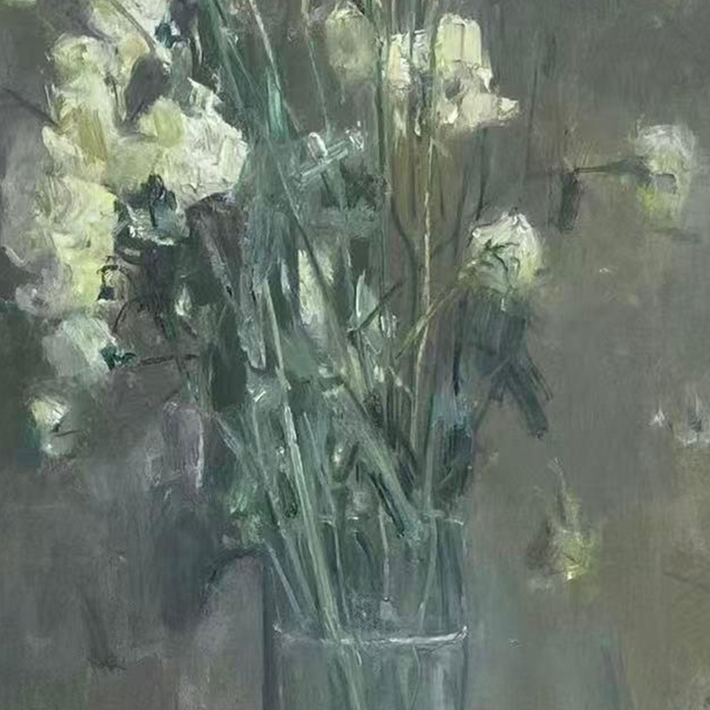 Detailed section of lisianthus blooms revealing painterly texture, muted green tones, and the atmospheric quality of the original oil painting.