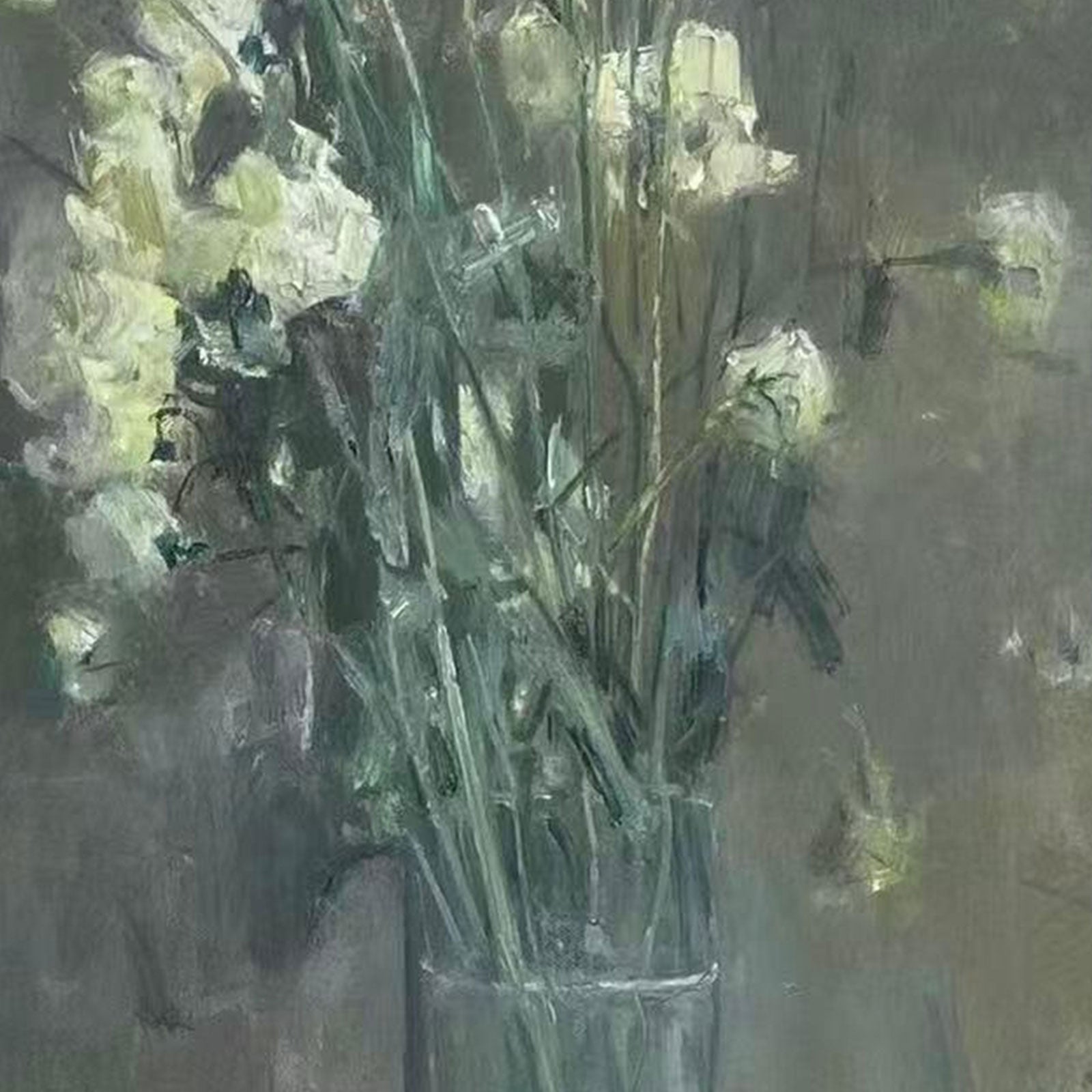 Detailed section of lisianthus blooms revealing painterly texture, muted green tones, and the atmospheric quality of the original oil painting.