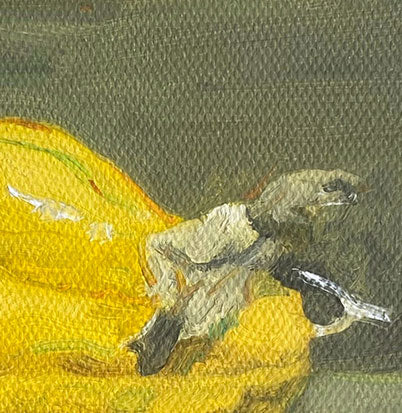Macro detail showing textured oil paint application and delicate brushwork around the squash and dried leaves, emphasizing depth, surface movement, and painterly realism.
