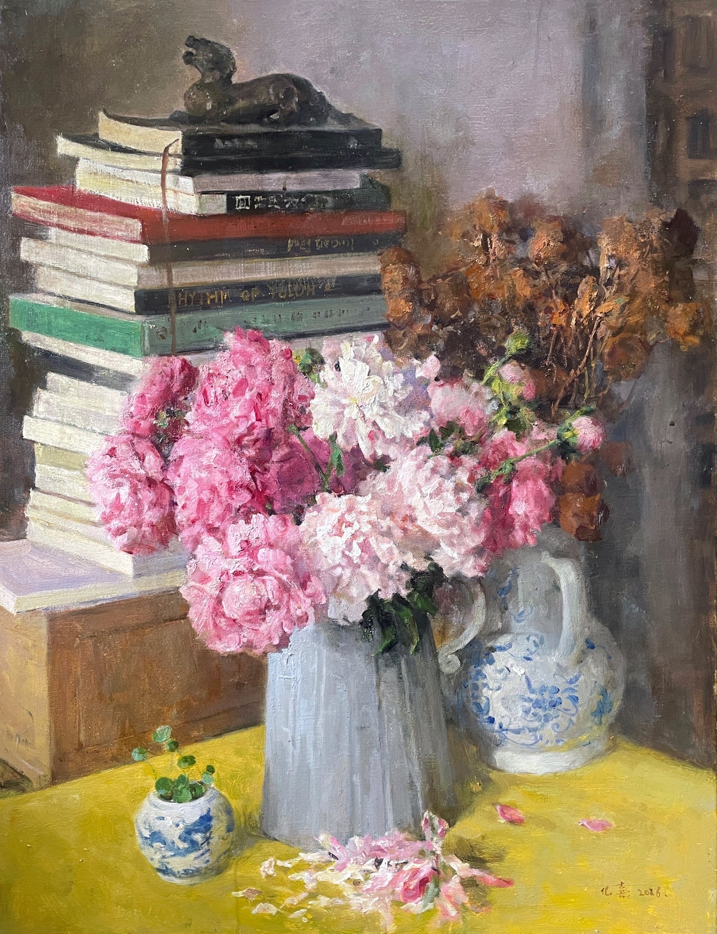 Original Still Life Oil Painting with Pink Peonies and Books