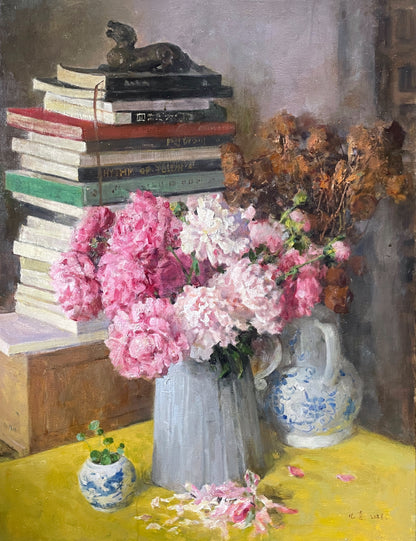 Original Still Life Oil Painting with Pink Peonies and Books
