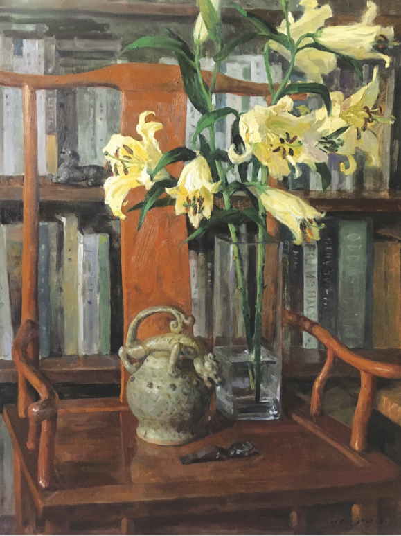 Original Still Life Oil Painting with Lilies, Books and Vintage Kettle