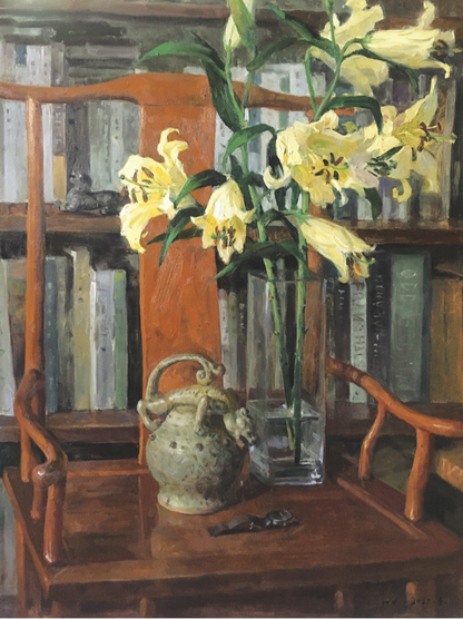 Original Still Life Oil Painting with Lilies, Books and Vintage Kettle