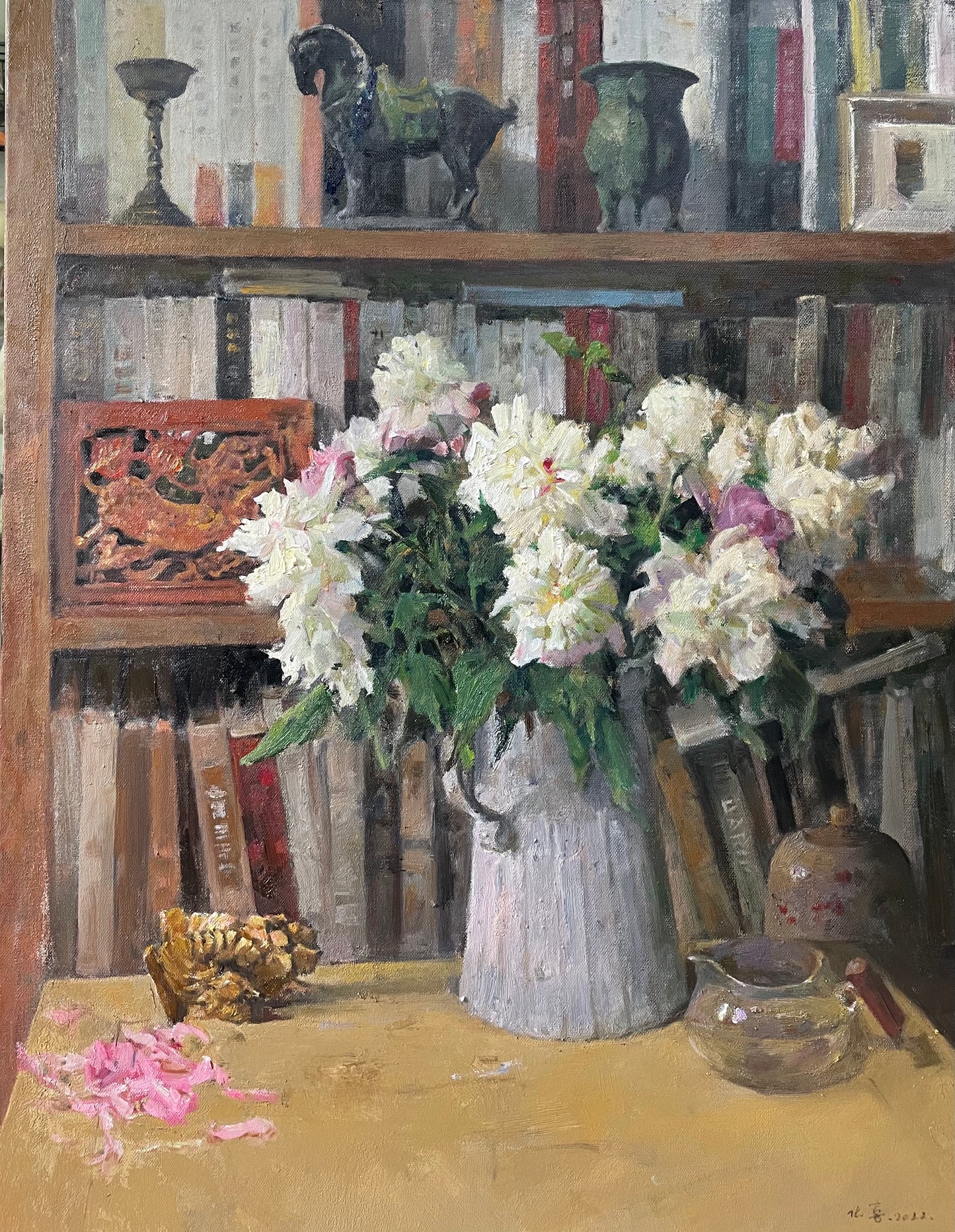 Book Fragrance No. 8 | Flowers and Bookshelf Original Oil Painting