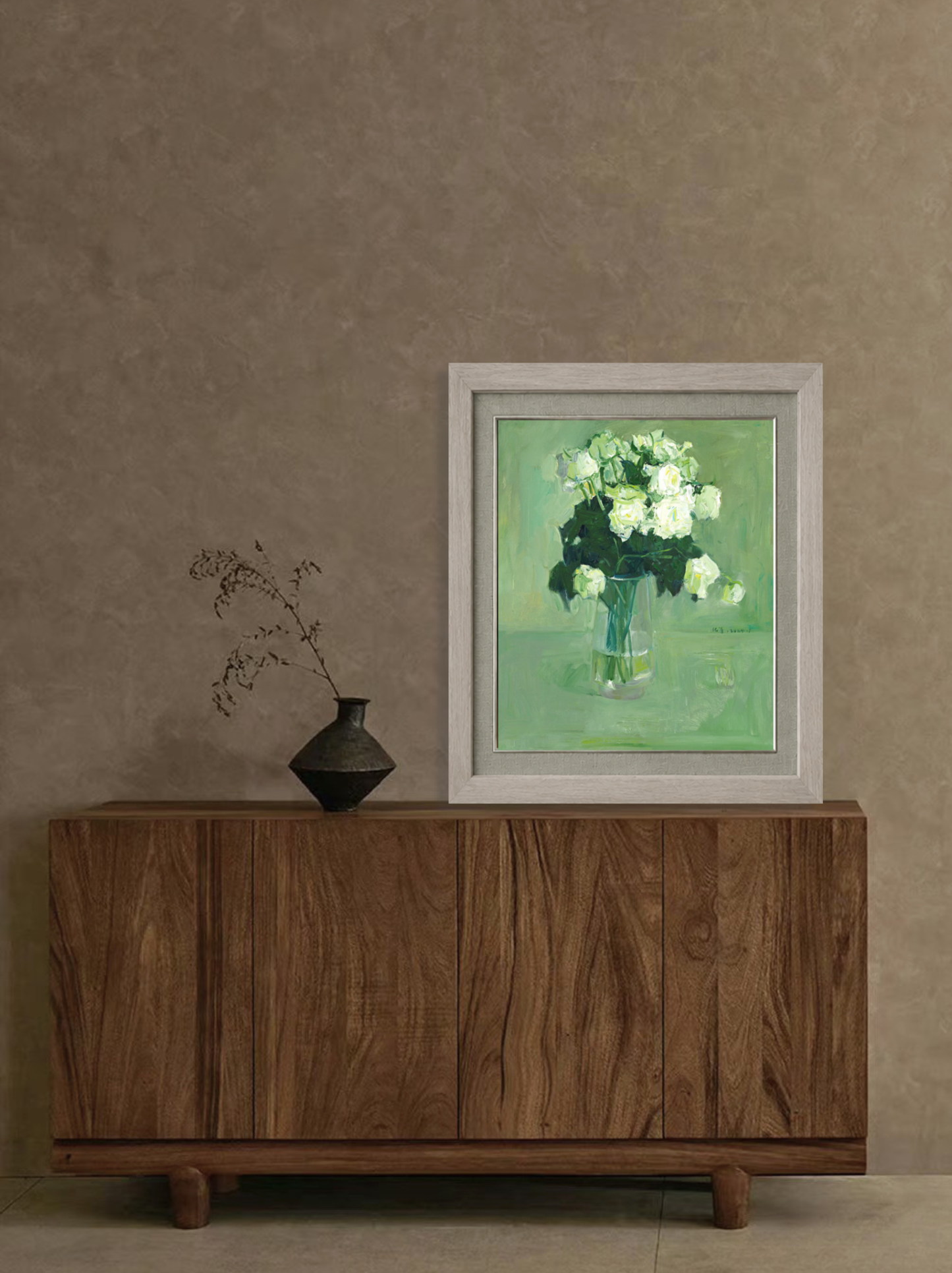 Original floral painting with white roses above wooden console