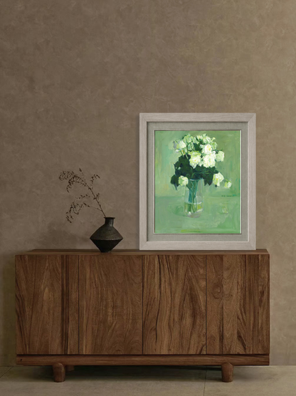 Original floral painting with white roses above wooden console