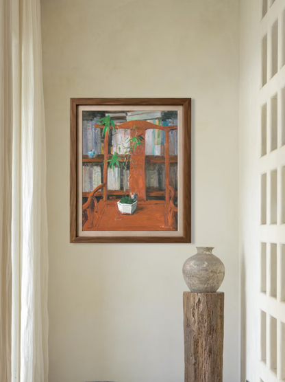 Original oil painting featuring white flowers on a red table displayed in a quiet interior, adding warmth, depth, and a strong visual focal point.