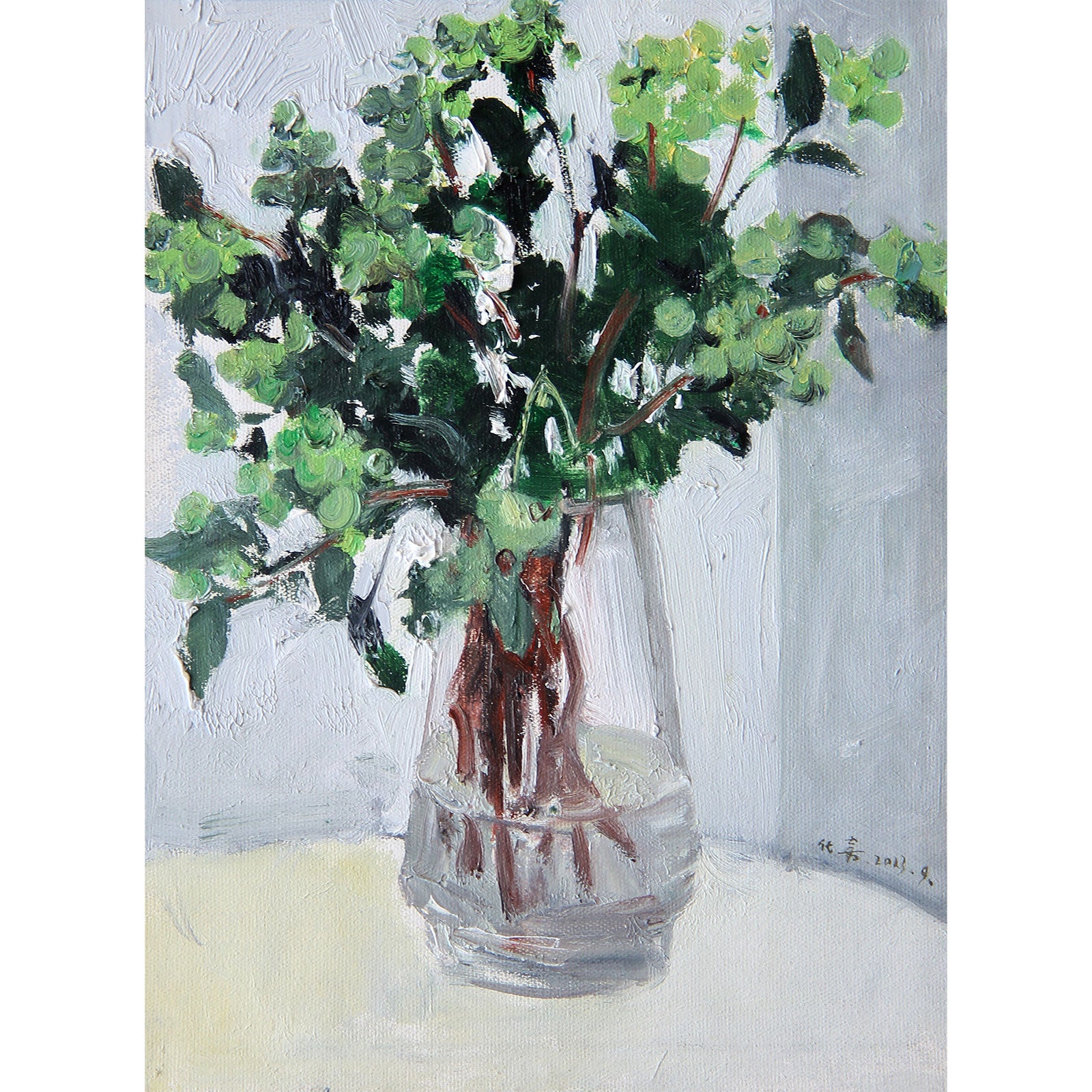 Original still life oil painting featuring fresh greenery arranged in a transparent glass vase, painted with expressive brushwork and soft neutral tones.