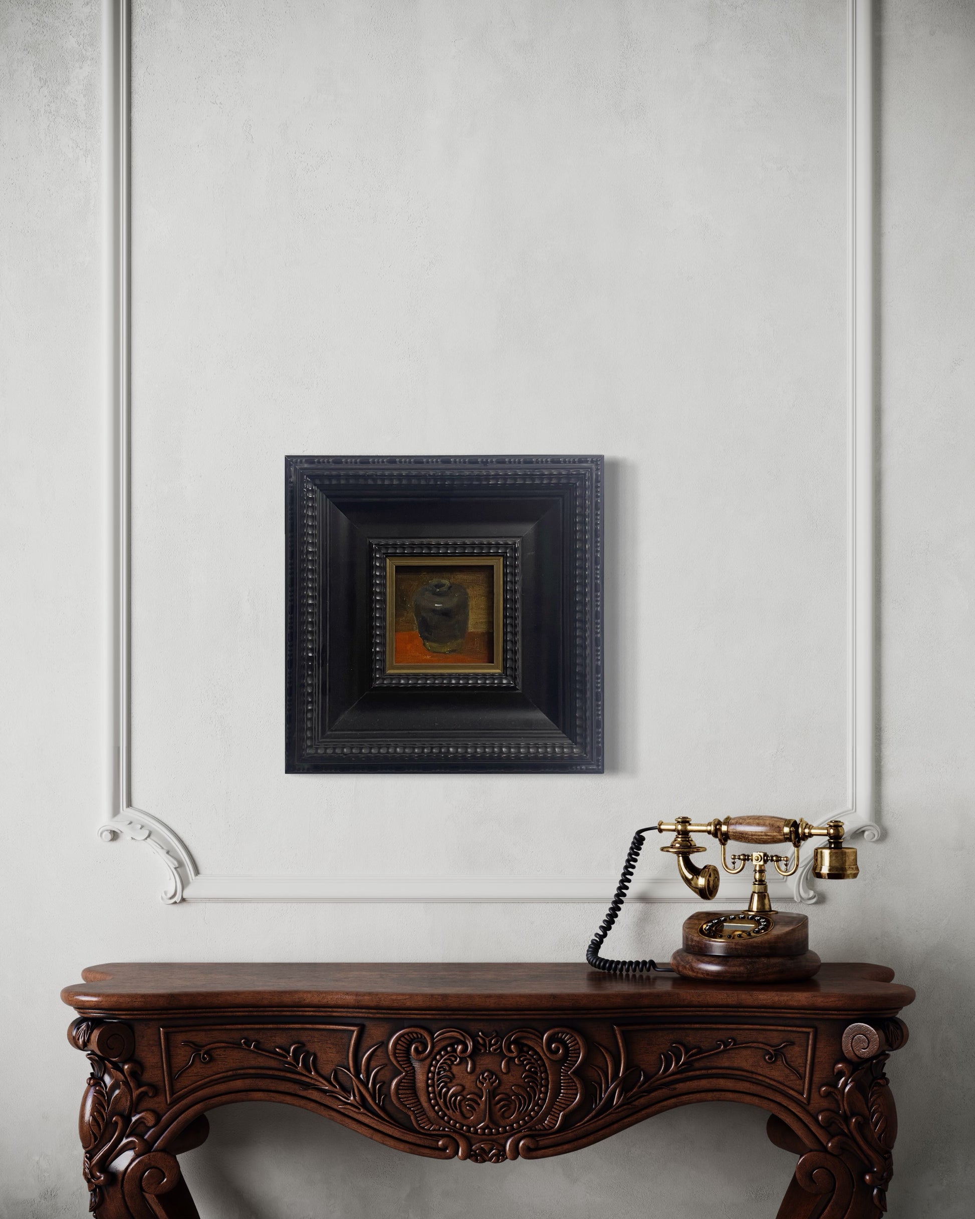 Original oil painting featuring a ceramic vessel, framed in an antique-style black wood frame suitable for classic and European-inspired interiors.