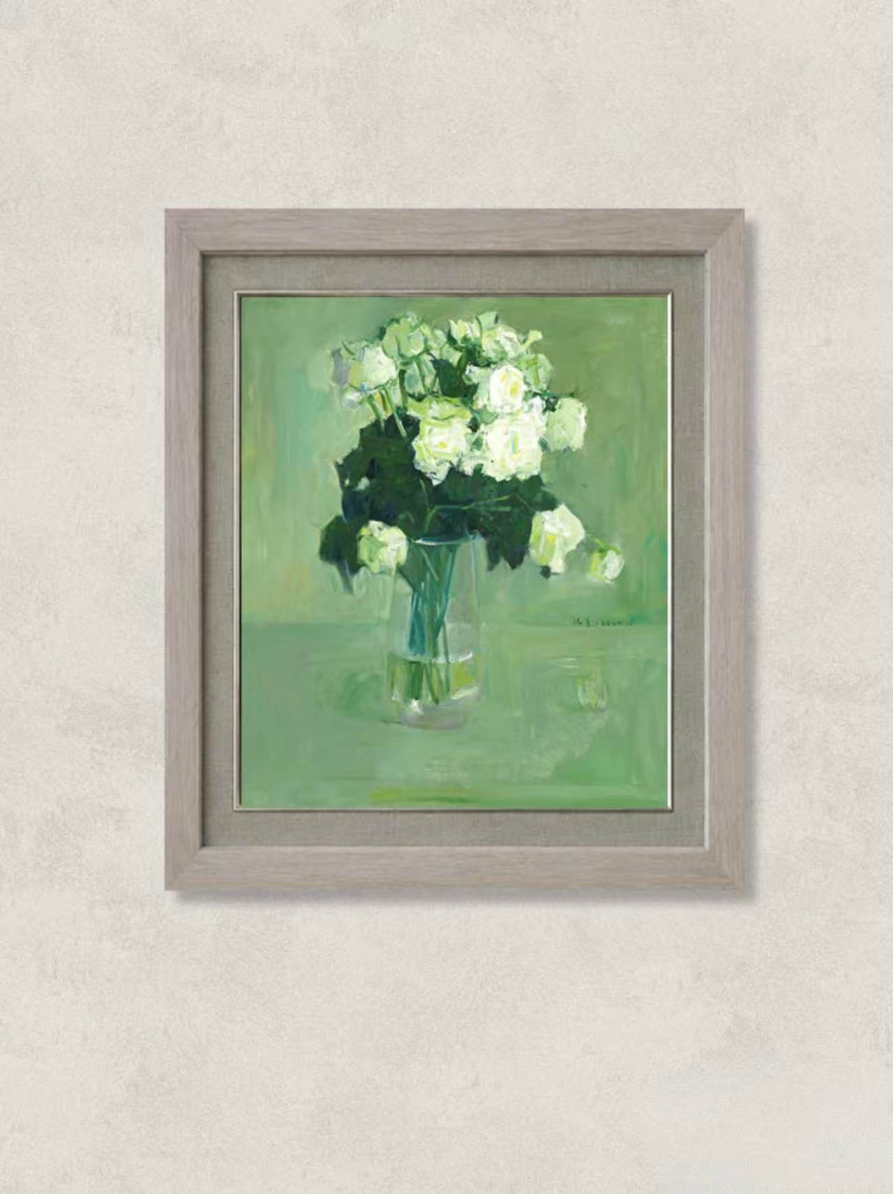 Original oil painting featuring white roses arranged in a glass vase on a soft green background. Painted by Hua Xi Yang with subtle brushwork and refined tonal transitions.