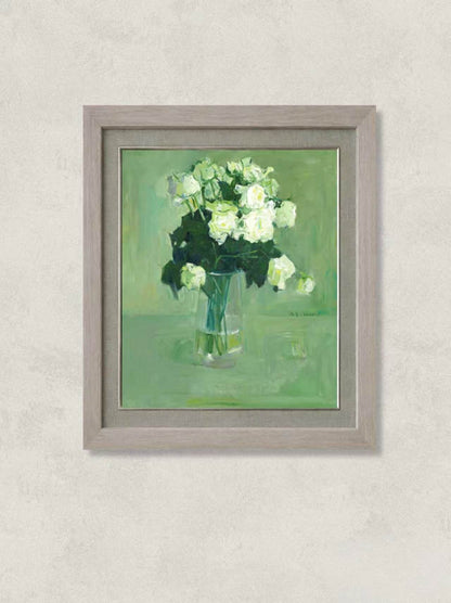 Original oil painting featuring white roses arranged in a glass vase on a soft green background. Painted by Hua Xi Yang with subtle brushwork and refined tonal transitions.