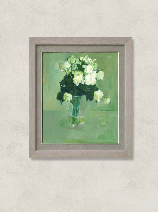 Original oil painting featuring white roses arranged in a glass vase on a soft green background. Painted by Hua Xi Yang with subtle brushwork and refined tonal transitions.